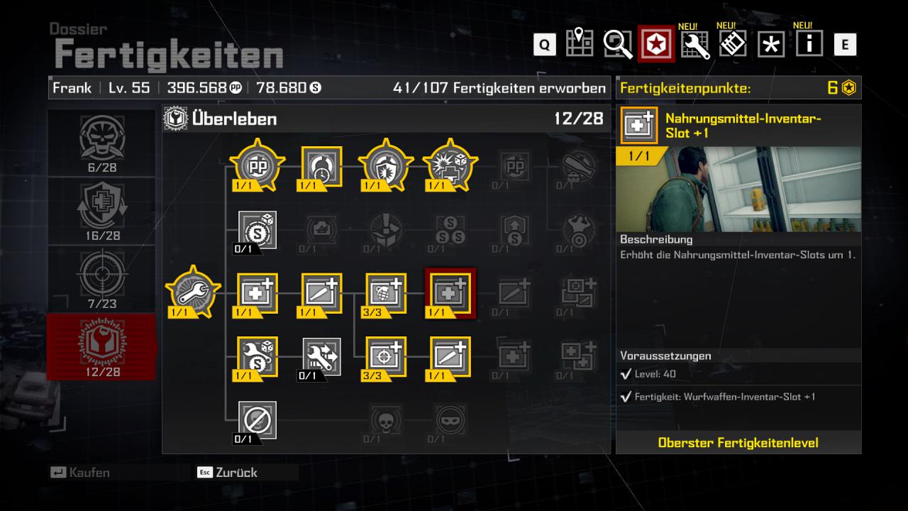 [01/02/2017] Mit der ganzen Metzelei verdienen wir Prestige-Punkte, die uns wiederum Fertigkeitenpunkte bescheren, die wir in diesen vier Skillbäumen ausgeben.