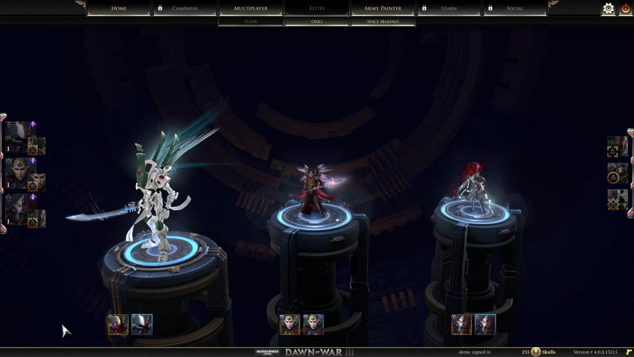 [06/03/2017] Die Qual der Wahl: Vor jedem Match wählt ihr drei Eliten und Doktrinen aus. Hier im Bild der mächtige Wraithlord, Zauberer Farseer Macha und Assassine Jain Zar.