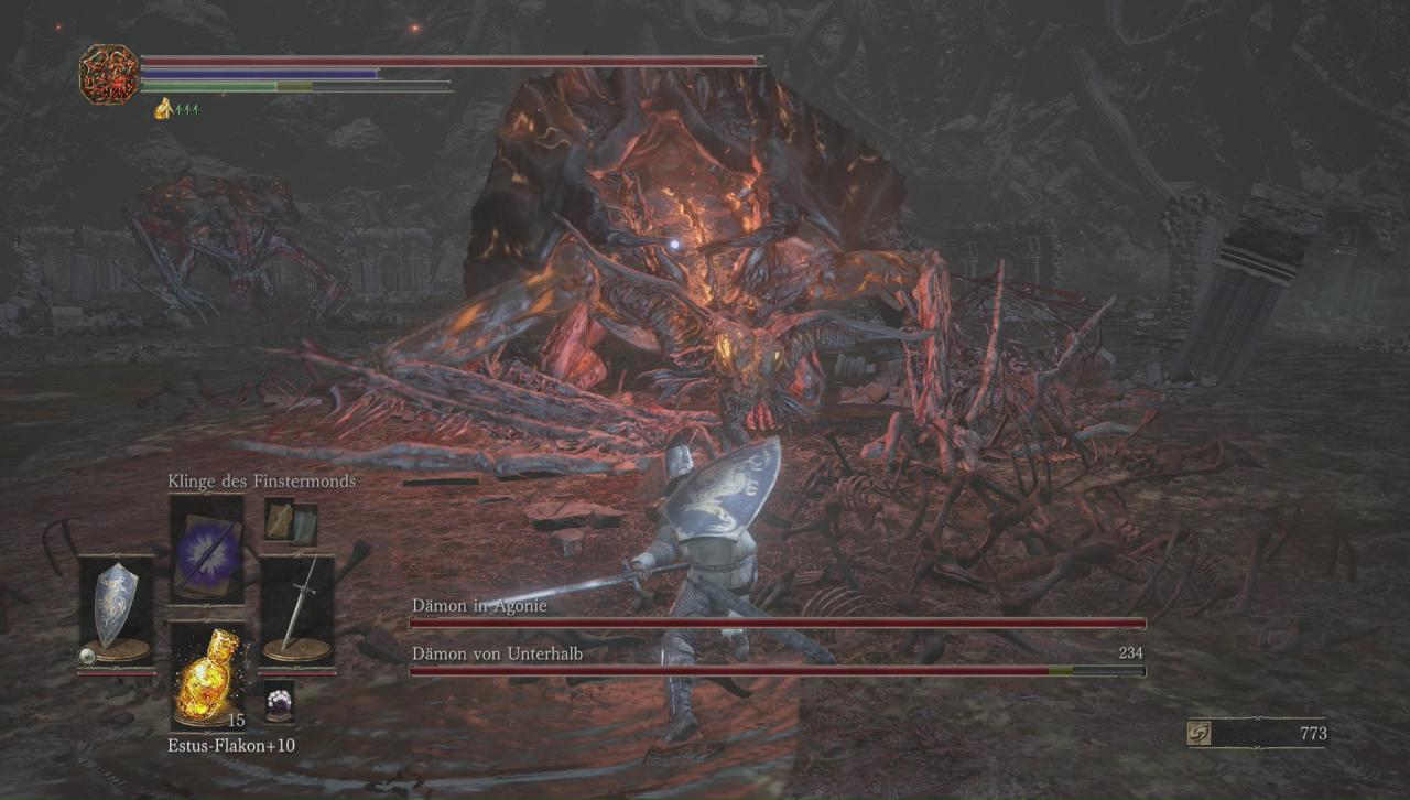Dämon in Agonie und Dämon von Unterhalb im Bosskampf bei Dark Souls 3 The Ringed City.