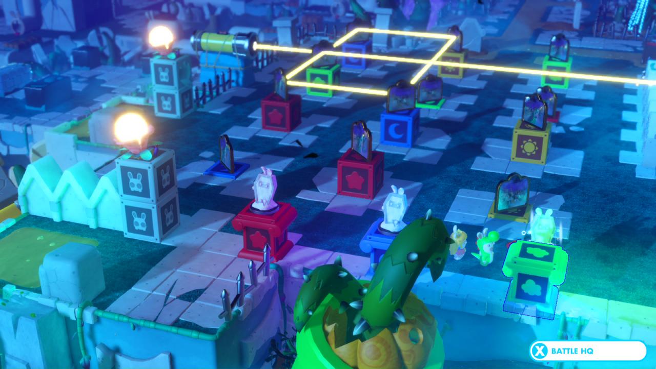 Mario + Rabbids: Kingdom Battle besteht nicht nur aus taktischen Kämpfen, sondern auch aus Puzzle- und Rätsel-Einlagen, wie hier mit den Spiegeln und verschiedenfarbigen Plattformen.