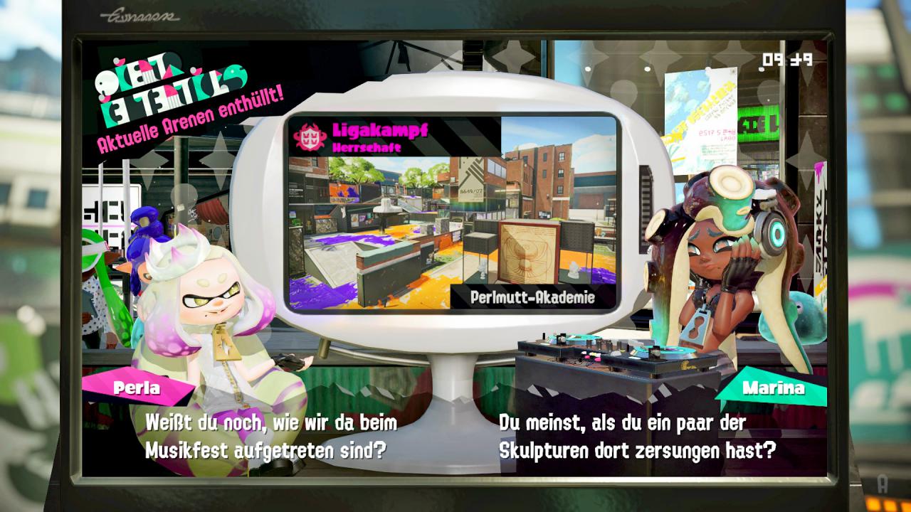 [18/07/2017] Wenn ihr euch in Splatoon 2 einloggt und mit dem Internet verbunden seid, klärt euch das neue Starduo Perla und Marina über die aktuellen Mehrspieler-Maps auf.