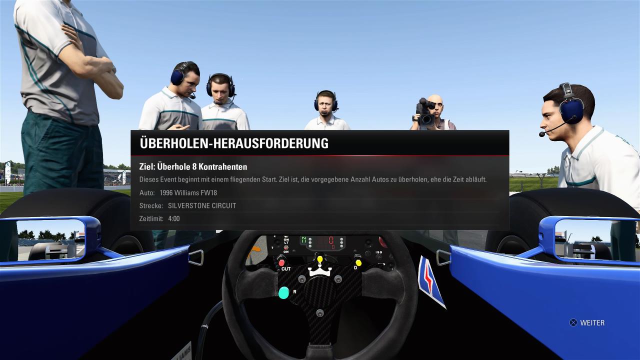 [21/08/2017] Bei den Einladungsevents steuert man klassische Formel-1-Fahrzeuge. Die Herausforderung, die dabei zu erfüllen ist, könnt ihr zu Beginn selbst auswählen.