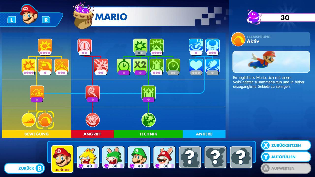 [31/08/2017] Mario + Rabbids: Kingdom Battle setzt auf ein Upgrade-System für die Helden; dank Respec könnt ihr Skillpunkte jederzeit neu verteilen.