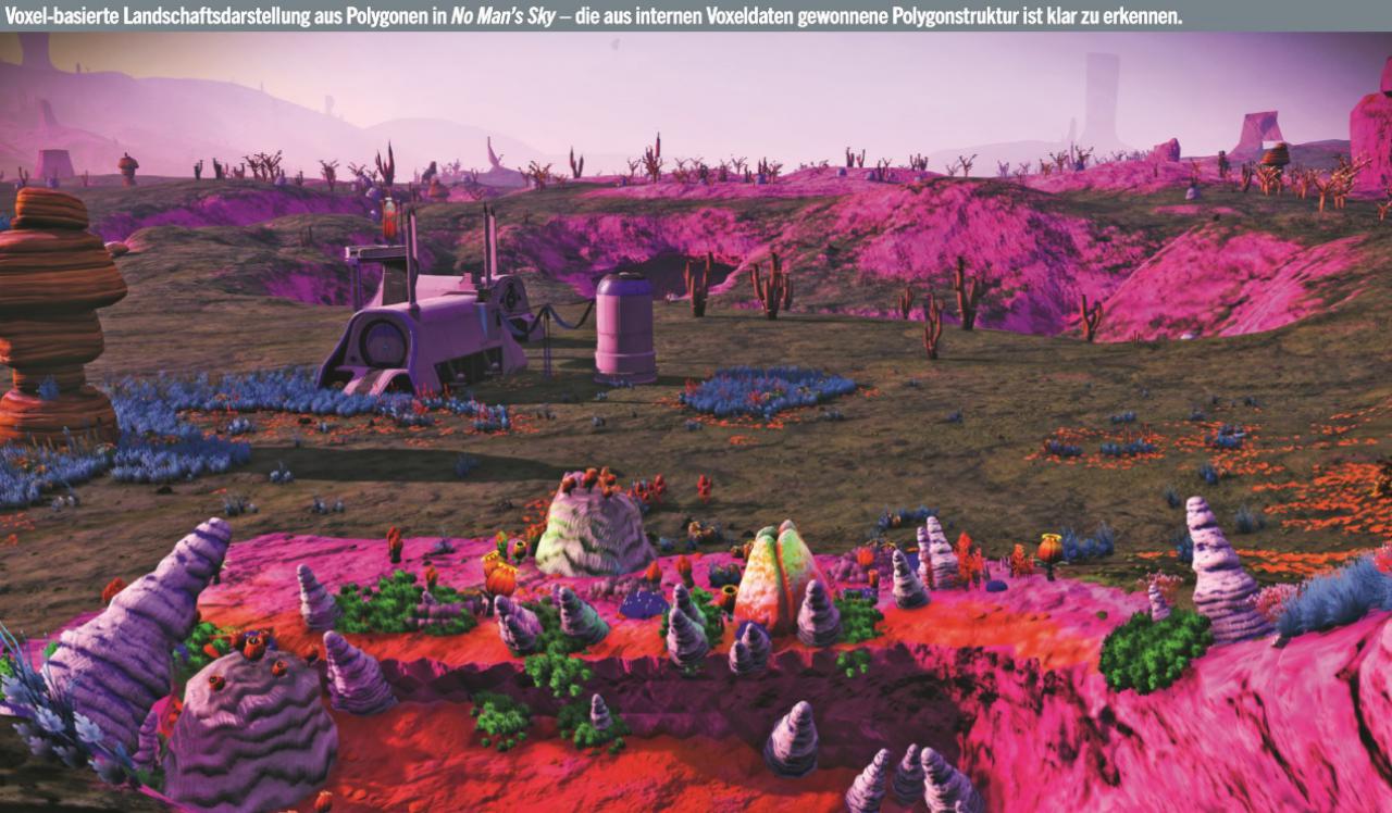 [11/08/2017] Voxel-basierte Landschaftsdarstellung aus Polygonen in No Man's Sky - die aus internen Voxeldaten gewonnene Polygonstruktur ist klar zu erkennen.