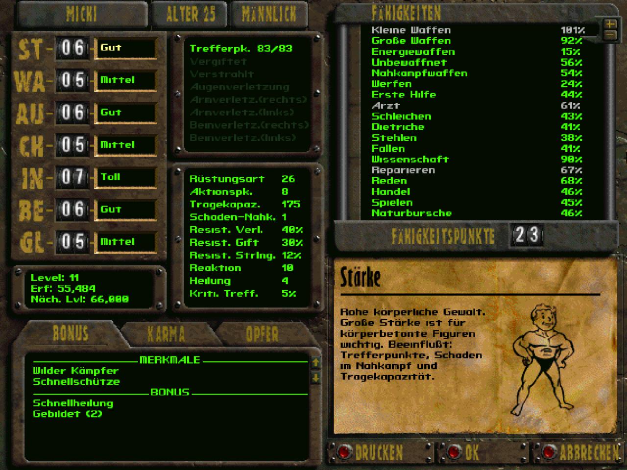 [28/09/2017] Das SPECIAL-System aus Fallout gibt es auch in den modernen Umsetzungen noch. Jedoch hat es große Änderungen durchgemacht. Teils zum Guten, teils zum Schlechteren. Je nachdem, wie viel einem Spieler der Rollenspielkern der Serie nahe ist. Für Fallout galt die Maximalstufe von 21, für Fallout 2, Fallout Tactics und auch Brotherhood of Steel lag sie bei 99.