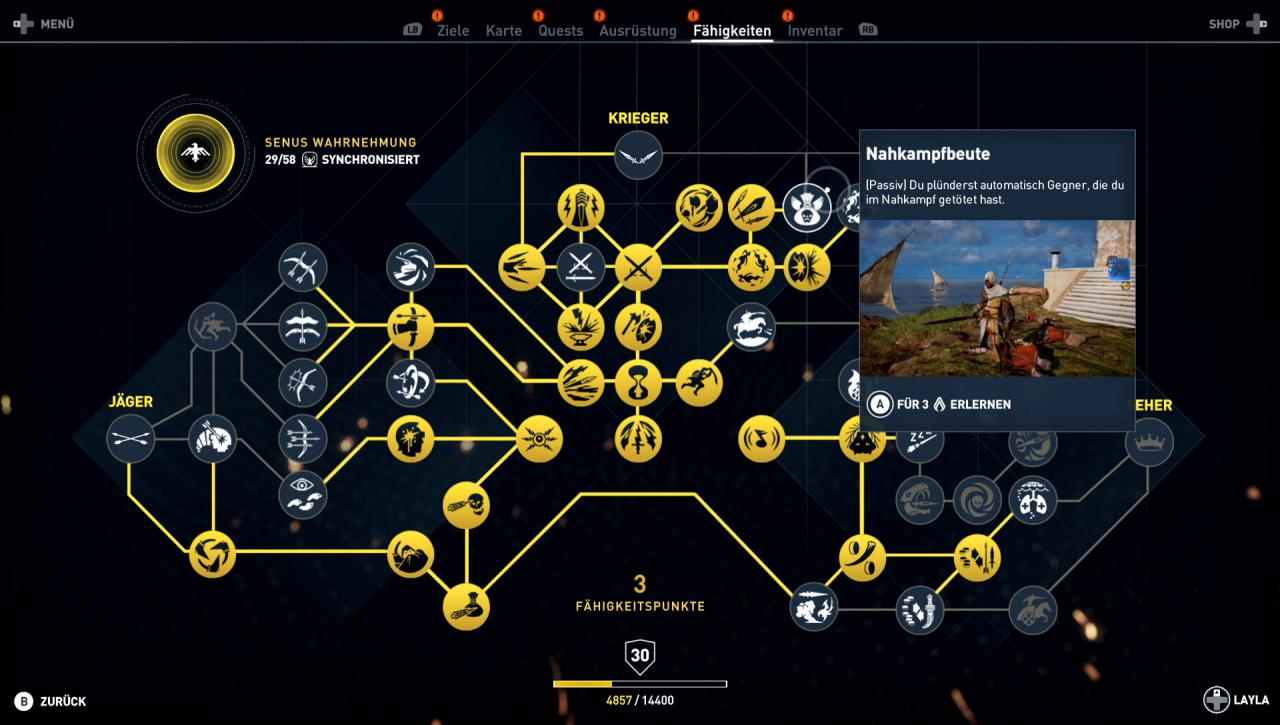 [26/10/2017] Der Talentbaum von Assassin's Creed Origins ist dreigeteilt; wer auch auf Maximalstufe 40 noch fleißig XP sammelt, schaltet alle Skills frei.