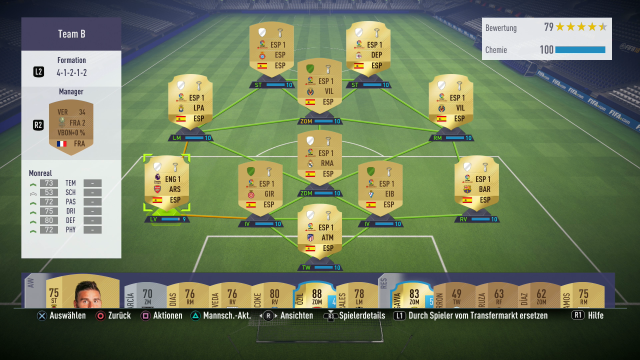 [02/10/2017] Linksverteidiger Monreal hat nur 9 von 10 Chemiepukten. Spielen wir noch ein paar Matches mit ihm, bekommt er aber einen Loyalitätsbonus.