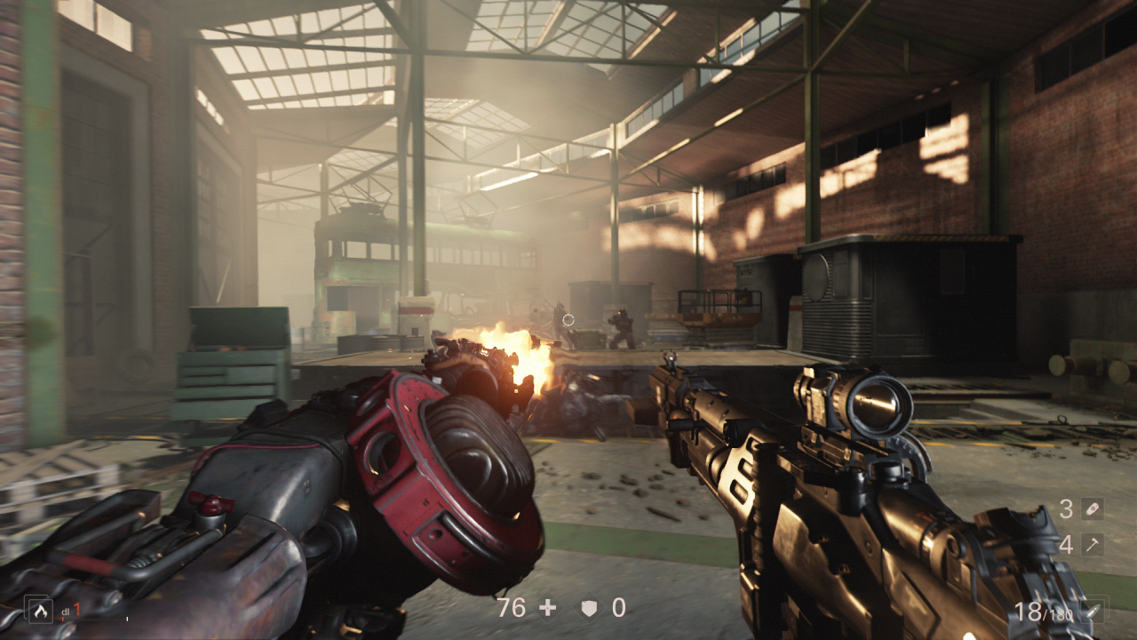 [05/10/2017] Wolfenstein 2: The New Colossus - Die verschiedenen Schusswaffen lassen sich beliebig für die linke und rechte Hand kombinieren.