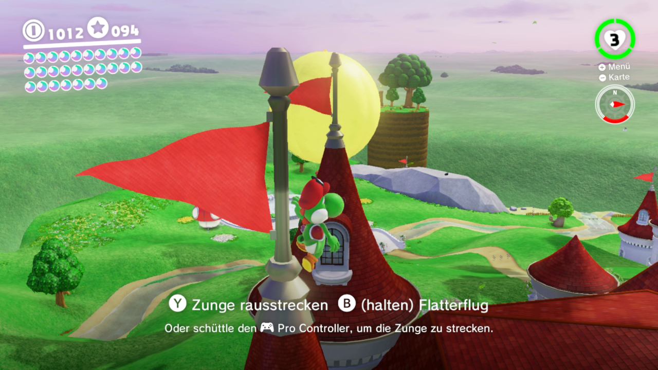 [15/11/2017] Pilzkönigreich - 1. Mond: Mit der Hilfe eures grünen Kumpels schafft ihr es das steile Dach der Zinne hinauf. Beendet an dieser Stelle das Capern, damit Mario Yoshi verlässt und nach dem Fahnenmast greift. 