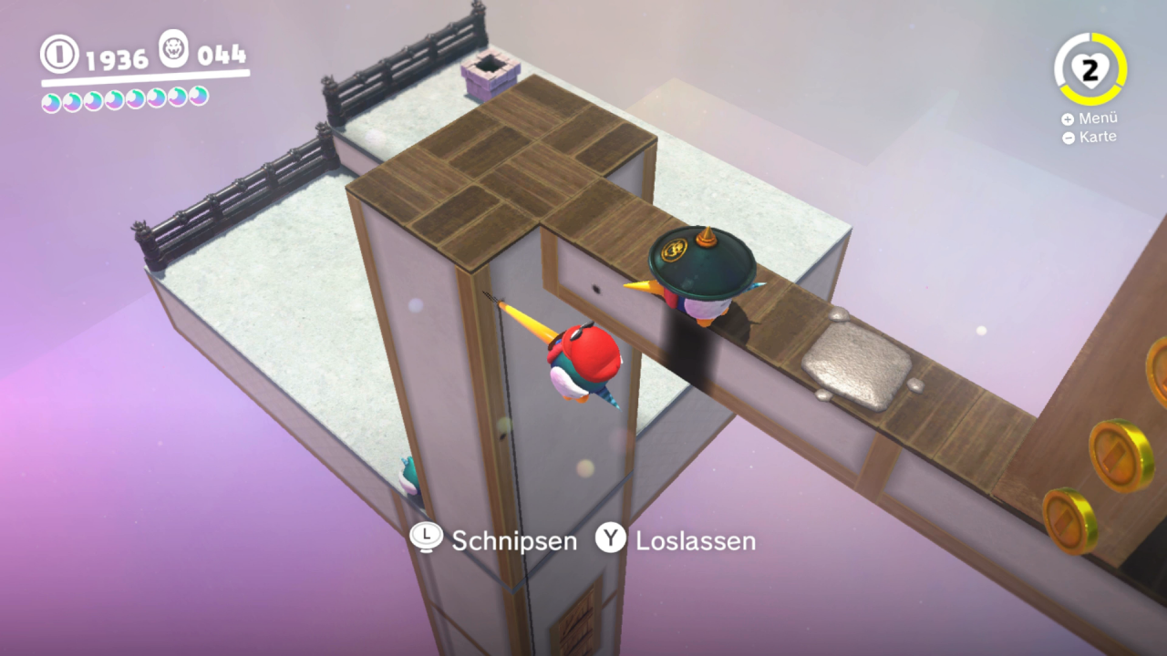 [09/11/2017] Bowsers Land - 62. Mond: Auch hier versteckt sich tief unter dem eigentlichen Weg ein Mond hinter Holzkisten. Passt aber auf, dass euer Vögelchen nicht abstürzt, während ihr sie mit dem Schnabel bearbeitet. 