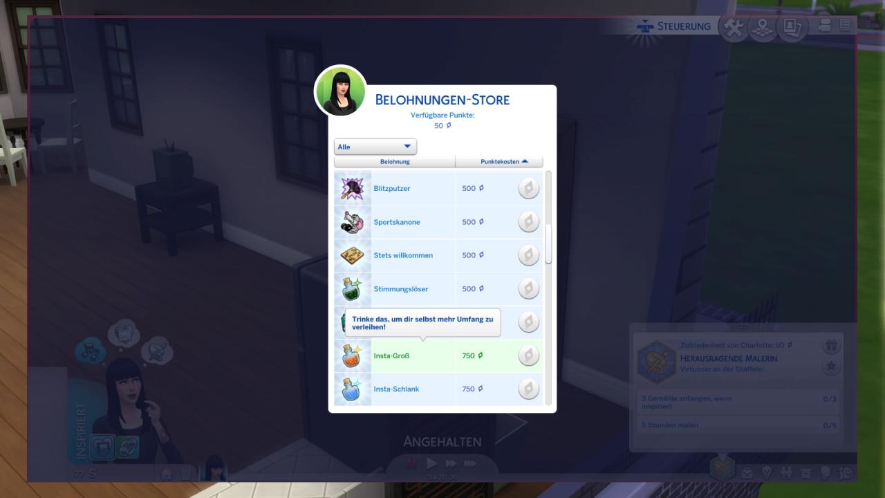 [16/11/2017] Wenn ihr die Wünsche der Sims erfüllt, die sich auf ihre Laune beziehen, bekommt ihr Belohnungspunkte. Mit diesen könnt ihr Tränke und Features kaufen, zum Beispiel, dass eure Sim beim Sport treiben einen riesen Spaß hat.