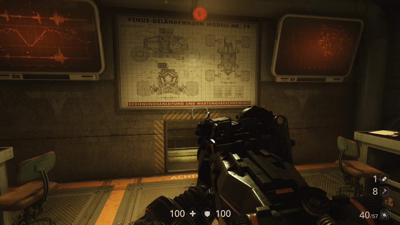 [08/11/2017] Wolfenstein 2: The New Colossus Unter der Skizze an der Wand müsst ihr durch die Öffnung kriechen, um an den Schlachtenläufer zu gelangen.