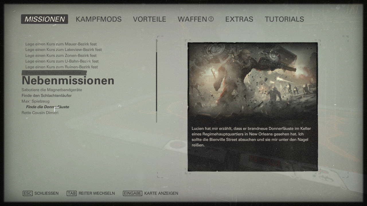 [08/11/2017] Wolfenstein 2: The New Colossus Um alle Kampfmods im Spiel zu erhalten, müsst ihr passende Nebenmissionen lösen.