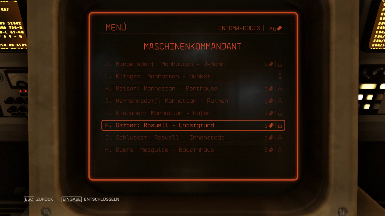 [01/11/2017] Wolfenstein 2: The New Colossus - Um einen gewünschten Offizier aufzustöbern, müsst ihr entsprechende Enigma-Codes im Inventar haben.