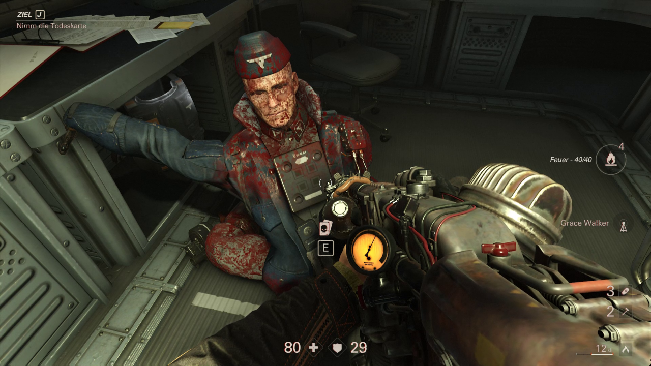 [01/11/2017] Wolfenstein 2: The New Colossus - Vom besiegten Offizier schnappen wir uns die Todeskarte, um den Level abschließen zu können.