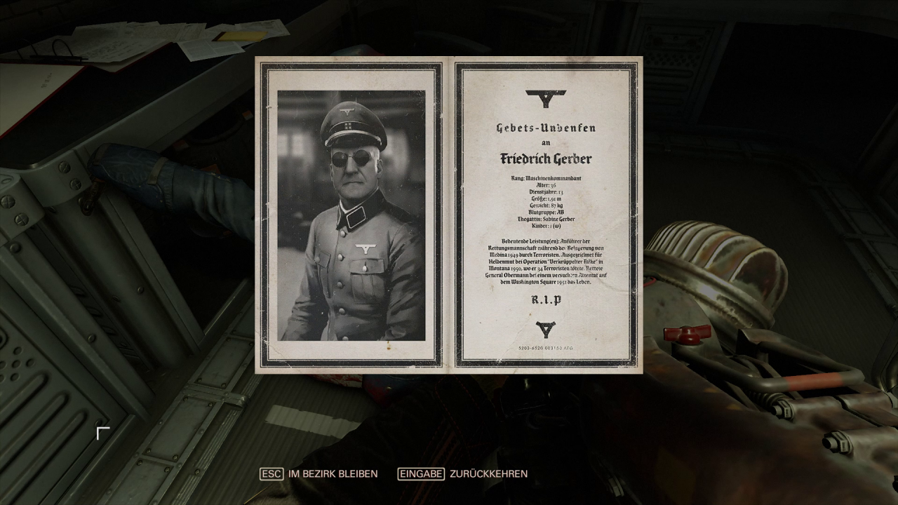 [01/11/2017] Wolfenstein 2: The New Colossus - Am Kill-Board auf der Hammerfaust lassen sich Informationen zu den jeweiligen Attentatszielen ablesen.