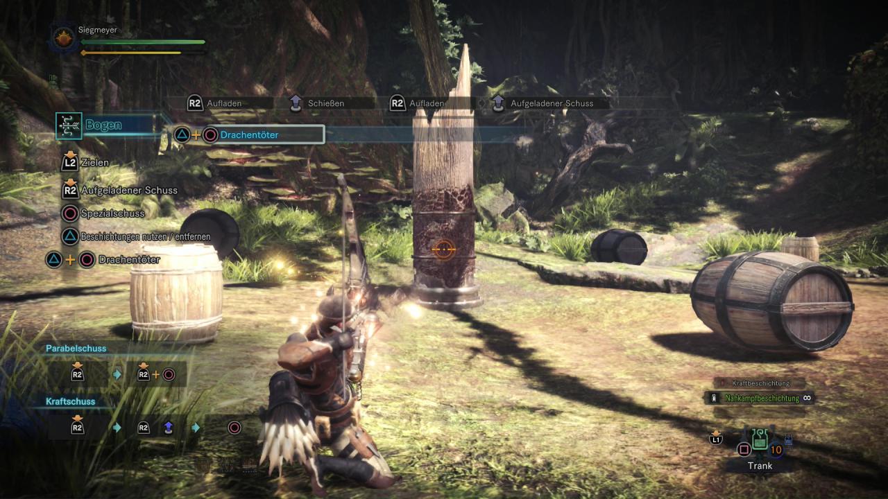 [27/02/2018] Monster Hunter World - Bogen - Der Drachentöter-Schuss durchdringt das Monster von vorn nach hinten und teilt mehrmals Schaden aus.