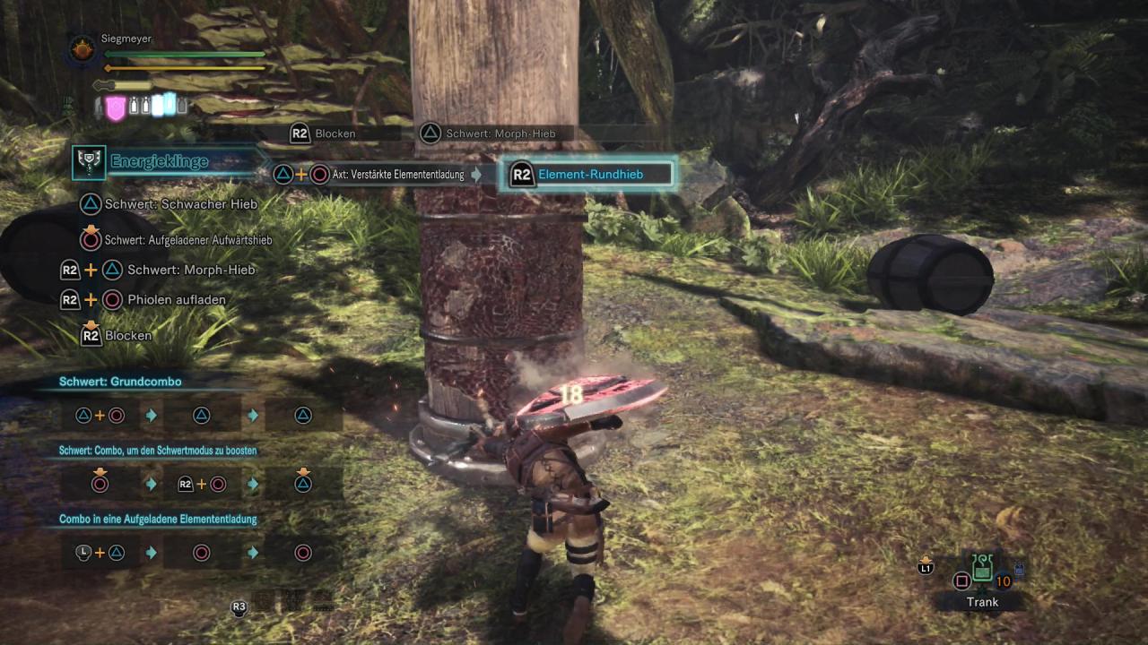 [27/02/2018] Monster Hunter World - Energieklinge - Ihr ladet die Phiolen zunächst ins Schild, um eine superverstärkte Elemententadung zu entfesseln.
