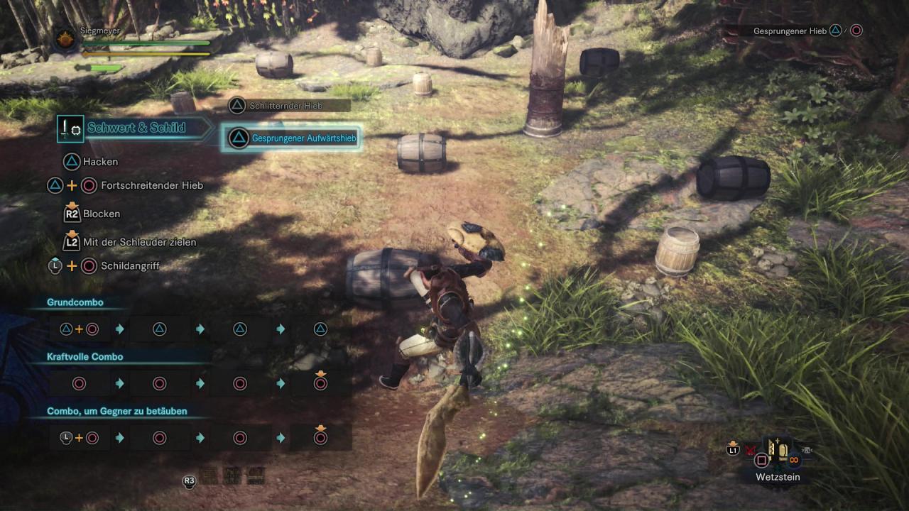 [14/02/2018] Monster Hunter World - Schwert & Schild - Mit gekonnten Aufwärtshieben gelangt ihr sogar aus dem Stand auf das Monster und richtet ordentlich Schaden an.