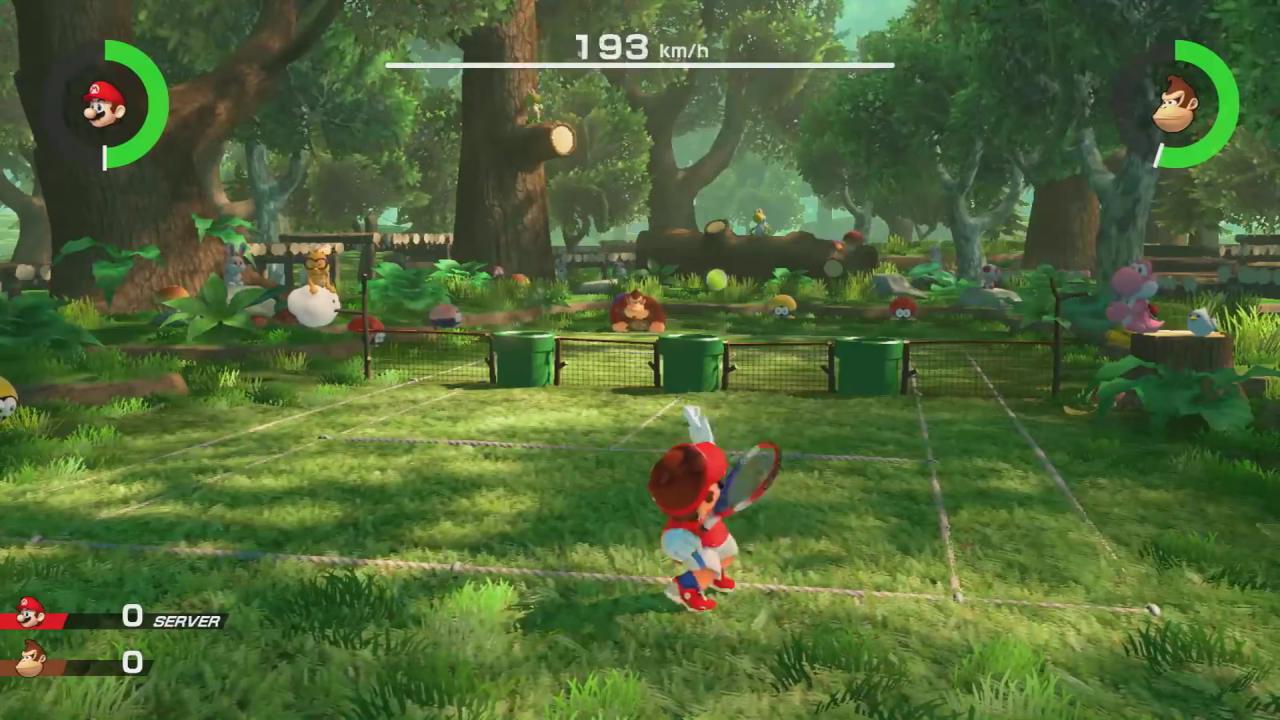 [02/02/2018] Das Tennis-Match gegen Donkey Kong findet ganz stilecht in einem Wald statt; inklusive Gras auf dem Platz!