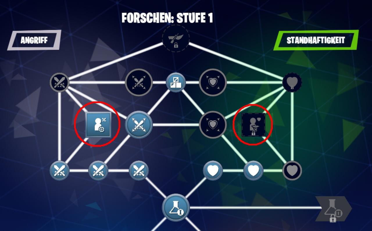[23/03/2018] Tipps für Fortnite: Rette die Welt -&nbsp;Im Forschungs- und Fertigkeitenbaum schaltet ihr Slots für eure Überlebenden-Teams frei, erkennbar am Kronen- oder Figur-Symbol.