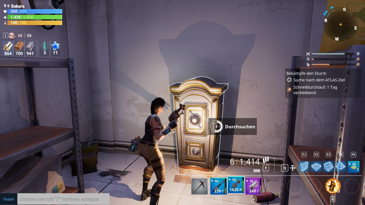 [29/03/2018] Fortnite im Test -&nbsp;Bevor ihr euch dem eigentlichen Missionsziel zuwendet, sucht ihr die Karte nach Ressourcen und Schätzen ab.