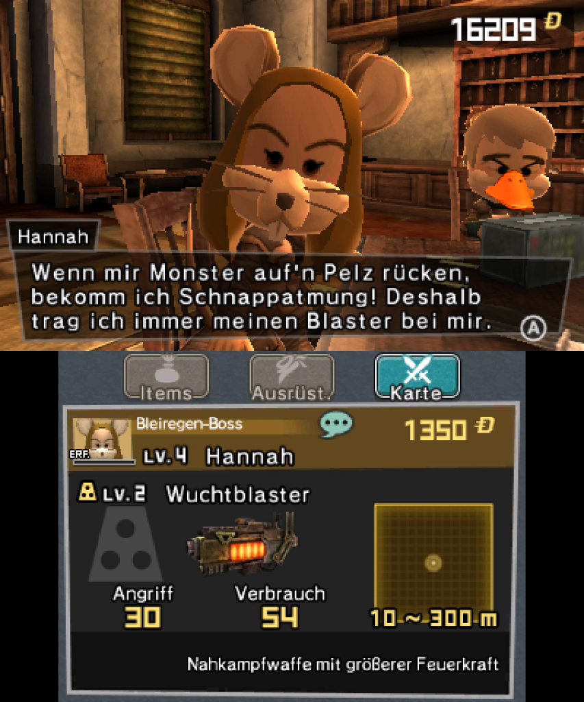 [22/05/2018] Alle tierischen Söldner sind individuell gestaltet und haben Witz. Im unteren Bildschirm des Nintendo 3DS seht ihr zudem mehr Details zur Waffe des Begleiters und die Kosten für dessen Unterstützung.