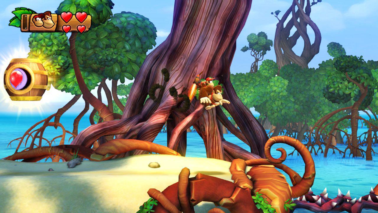 [02/05/2018] Spielt ihr als Donkey Kong, könnt ihr auf die Hilfe von Diddy, Dixie und Cranky Kong zurückgreifen, so etwa auf Diddys flugfähigen Raketen-Rucksack.