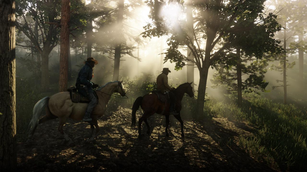 Screenshot aus Red Dead Redemption 2, der zwei Mitglieder der Van der Linde-Gang zeigt.