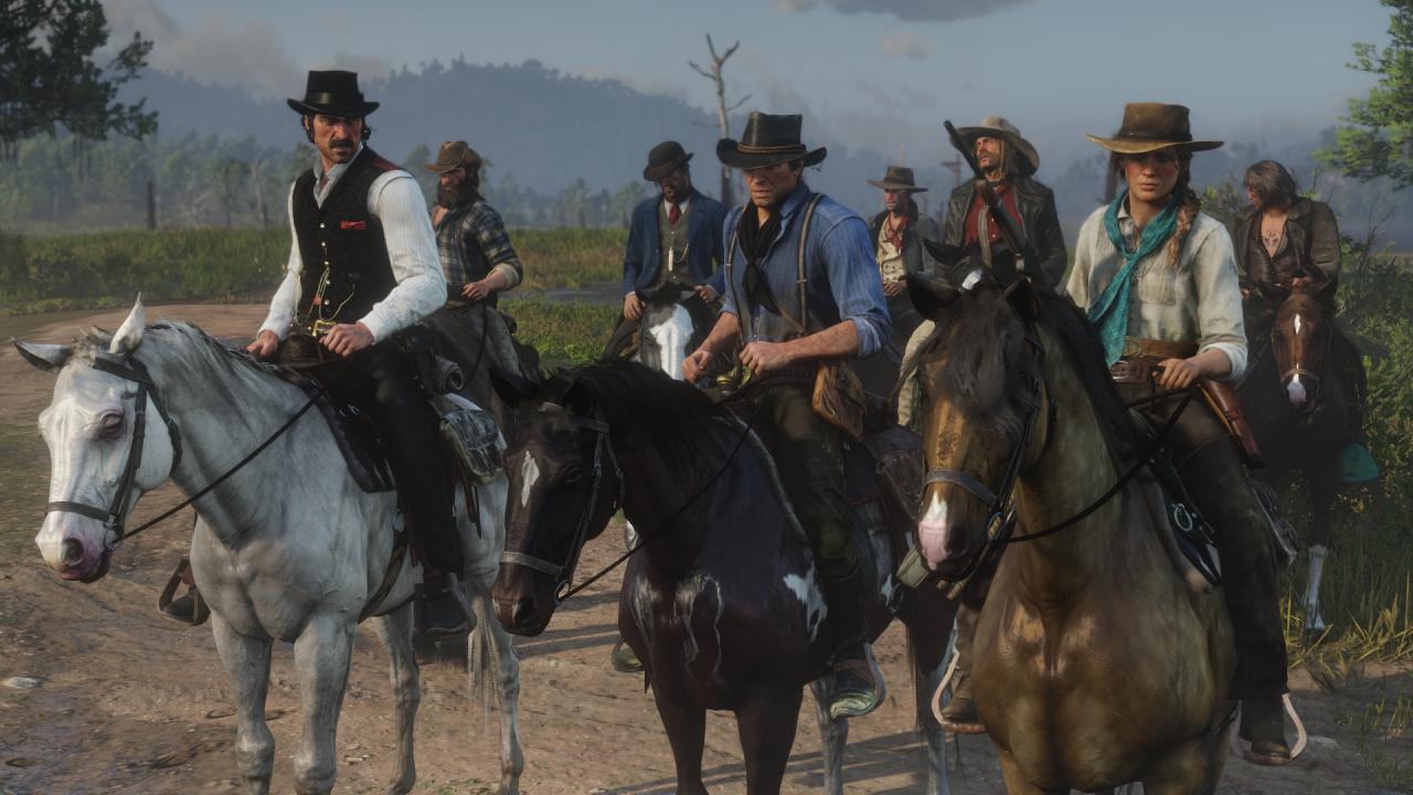 Arthur Morgan mit seiner Bande an Gesetzlosen in Red Dead Redemption 2