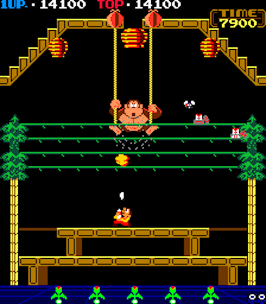 [16/05/2018] Im dritten Arcade-Automaten hat sich Donkey Kong in einem Gewächshaus eingenistet und scheucht Insekten auf.