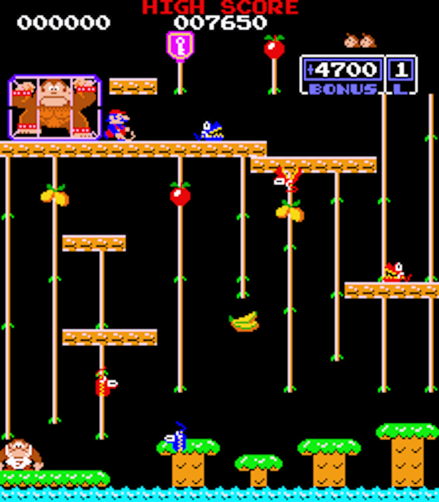 [16/05/2018] Donkey Kong Junior erschien 1982 und lief auf einer Z80-CPU mit 3.072 MHz. Held ist Donkey Kongs Sohn, der seinen Vater aus den Fängen von Mario befreien muss.