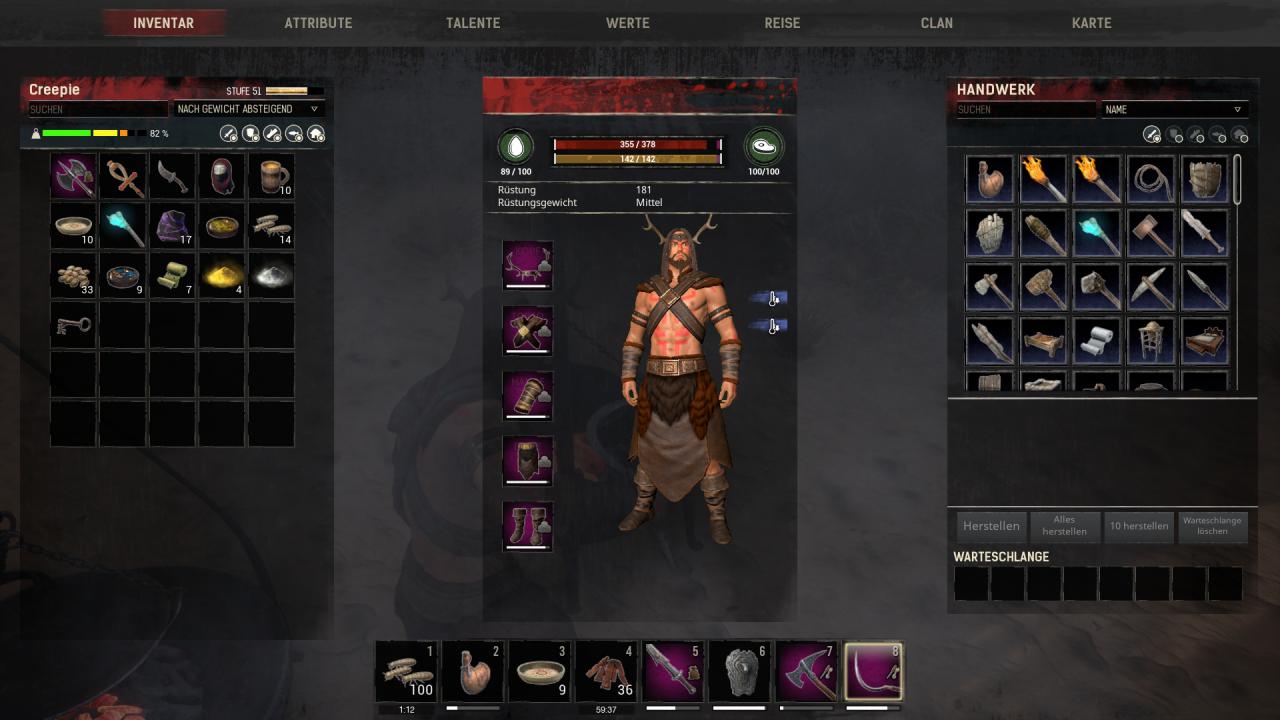 [14/06/2018] Conan Exiles im Test:&nbsp;Links seht ihr das Inventar, in der Mitte unsere Rüstung sowie Werte und rechts die Dinge, die wir ohne Arbeitsstation bauen dürfen.