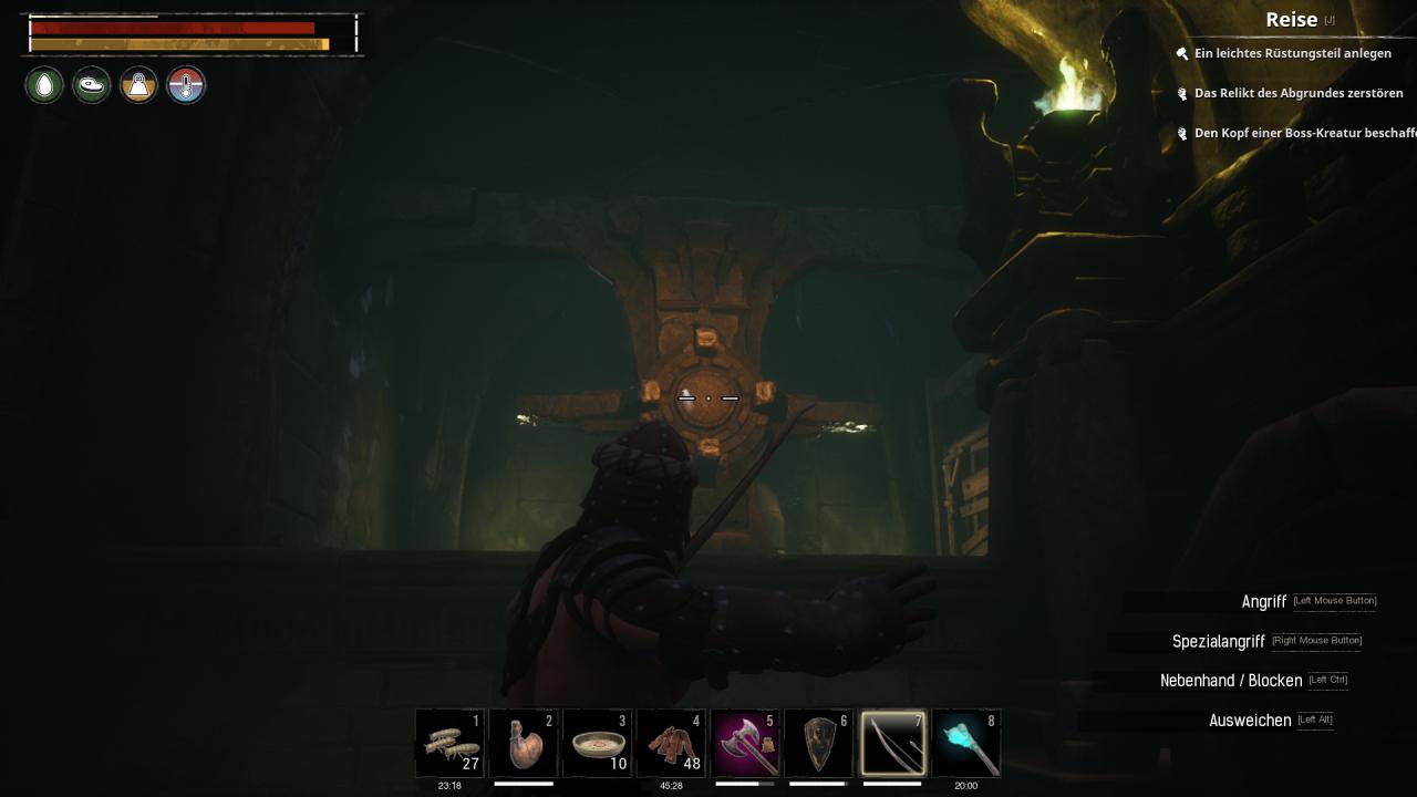 [14/06/2018] Conan Exiles im Test:&nbsp;Im Dungeon Abschaumtiefen aktivieren wir Schalter mit unserem Bogen, um den Wasserstand zu verändern und so in neue Bereiche zu gelangen.
