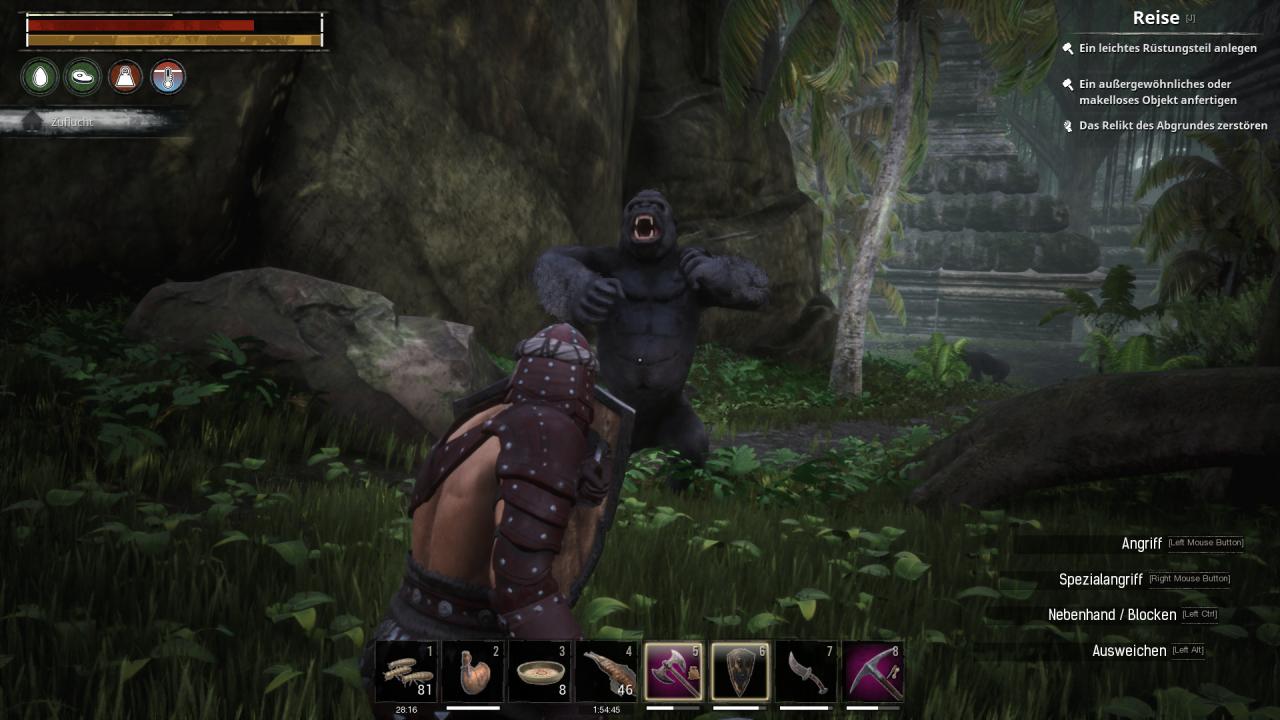 [14/06/2018] Conan Exiles im Test: Im dichten Dschungel treffen wir auf eine von Gorillas und anderem Getier bewohnten Ruine.&nbsp;