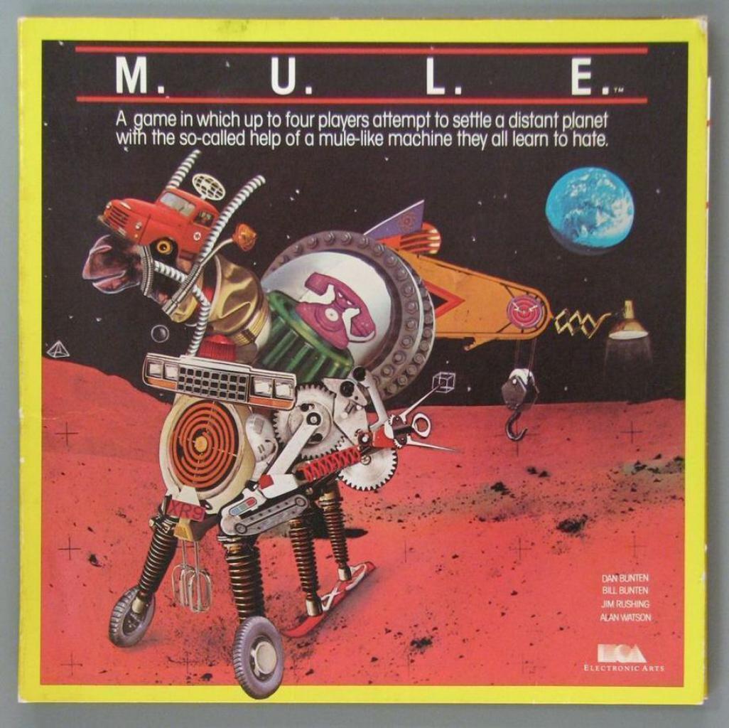 [29/06/2018] Die ersten EA-Titel ähneln in ihrer optischen Aufmachung Musikalben – mit coolem Cover und Nennung der Künstler. Eines dieser ersten Spiele ist M.U.L.E. (1983), das Branchengrößen wie Sid Meier und Will Wright maßgeblich beeinflusst.