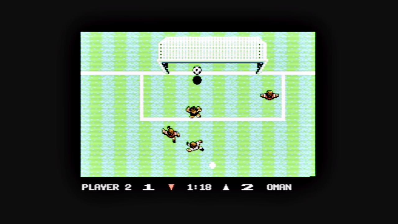 [22/06/2018] In den Winkel geschnippelt: Angeschnittene Schüsse waren das probateste Mittel, um Tore zu erzielen – zumal sich der Schnitt nach dem Schuss noch verändern ließ. (C64)