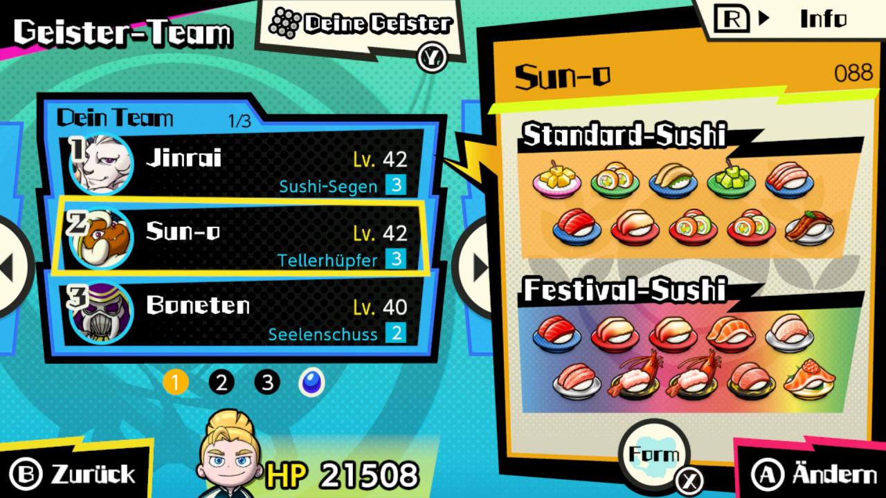 [06/06/2018] Welches Sushi auf euren Bändern erscheint, hängt von eurem dreiköpfigen Gester-Team ab. Die Geister beeinflussen auch diverse weitere Aspekte des Spiels.