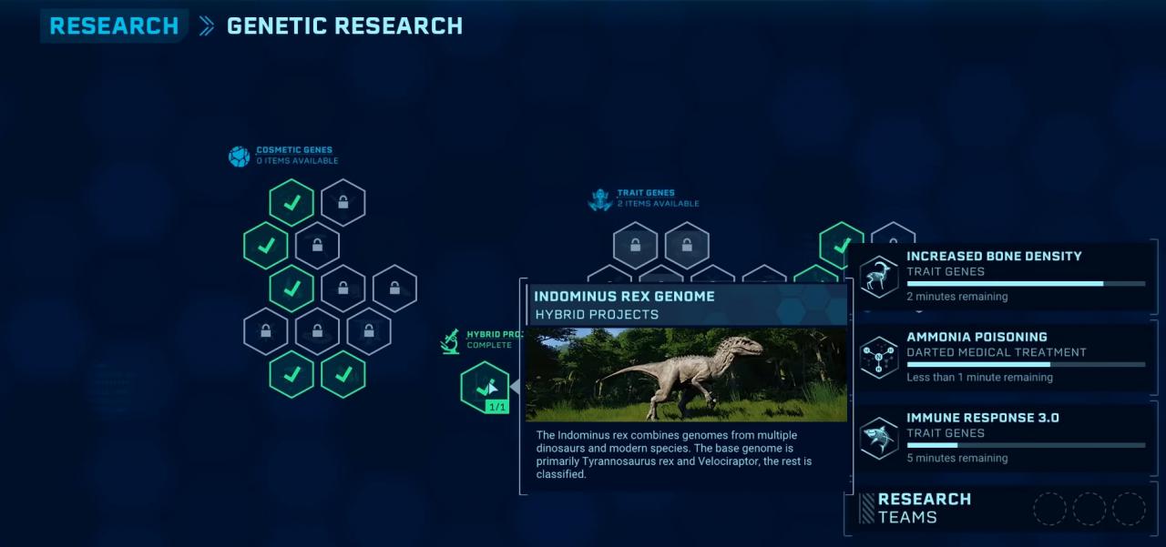Menü-Ansicht aus Jurassic World Evolution für den Indominus Rex des Aufbauspiels für den Dinopark.