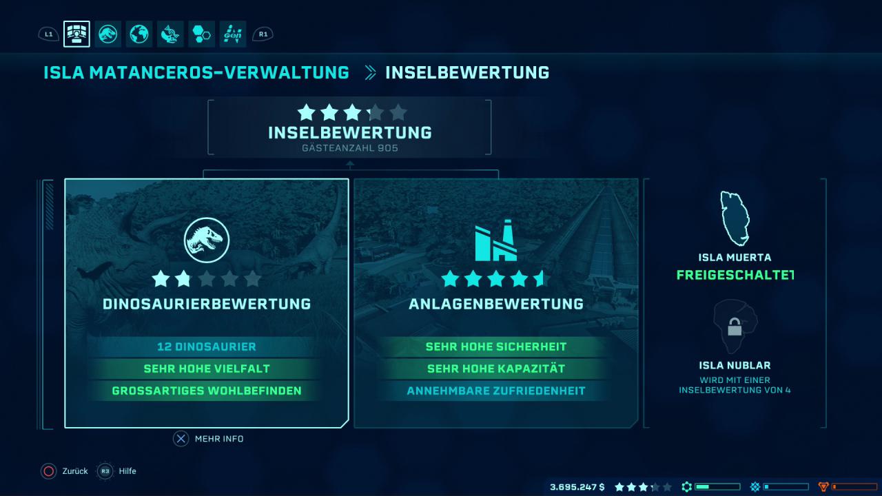 Anlagenbewertung und Dinosaurierbewertung sind die beiden Kriterien in Jurassic World Evolution.