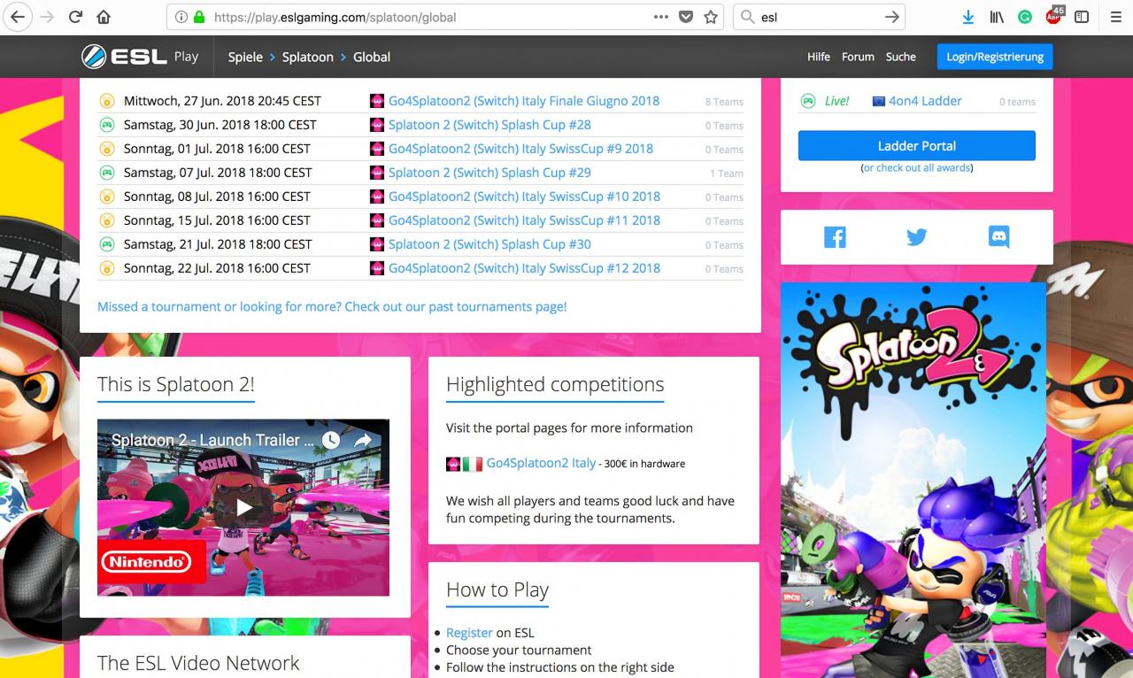 [19/07/2018] Jeder fängt mal klein an: Wer nach kleineren Splatoon 2-Turnieren sucht, wird unter anderem auf der Webseite der ESL fündig.&nbsp;