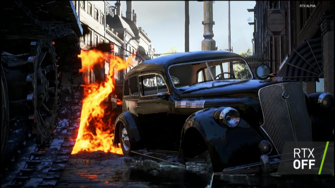 [22/08/2018] Ohne RTX glänzt die Autoseite ohne Reflexion vor sich hin, auf dem Boden ist nur dezent ein Huch einer Flammenspiegelung zu erkennen.