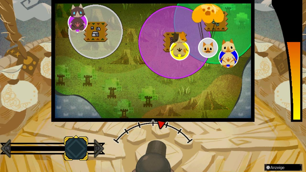 [28/08/2018] Monster Hunter Generations Ultimate im Test: Wenn wir unsere Katzenkameraden auf Erkundungstouren schicken, bestimmen wir über dieses Minispiel die möglichen Ressourcen-Belohnungen.