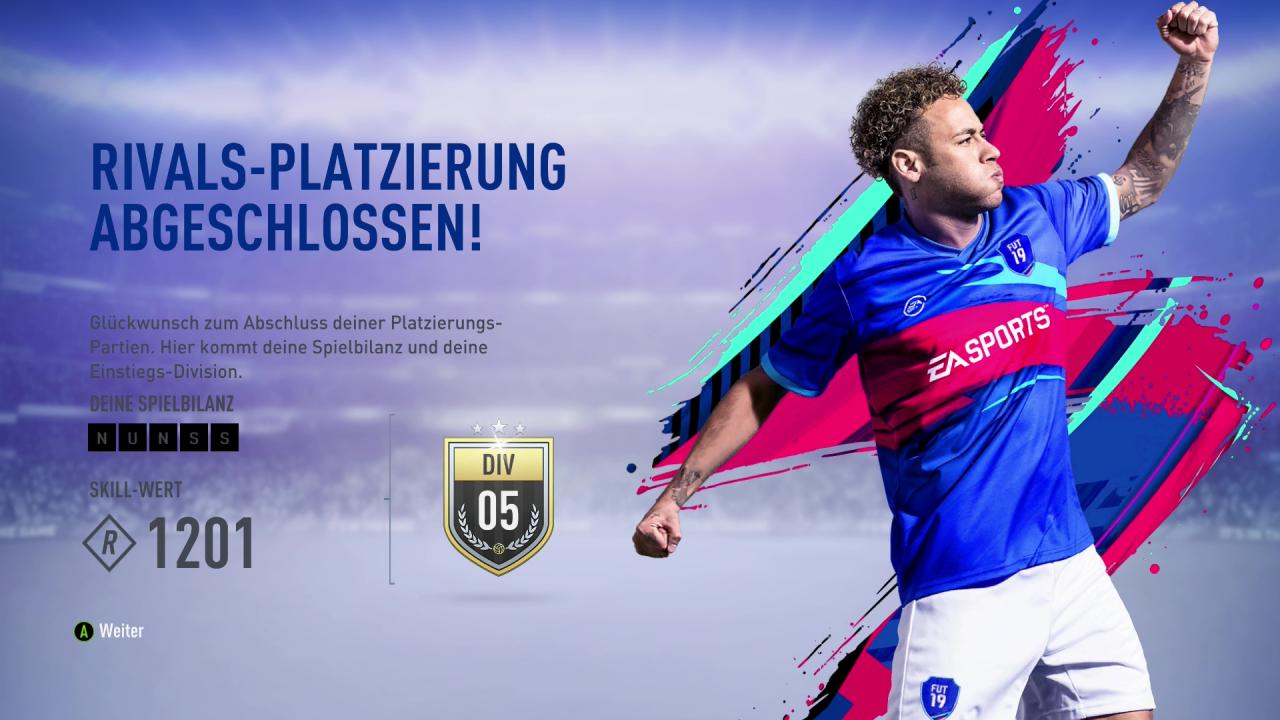 Rivals Platzierung in FIFA 19 Division Rivals nach 5 Matches erhalten.