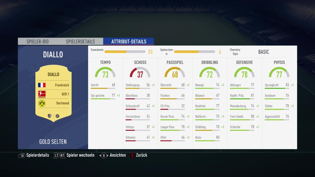 Ansicht des Spielers Diallo in puncto Team Chemie im Ultimate Team in FIFA 19.