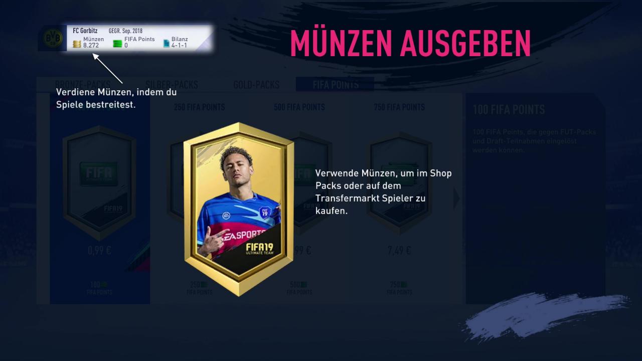 Ansicht zur Münzen-Finanzierung in FIFA 19 Ultimate Team.