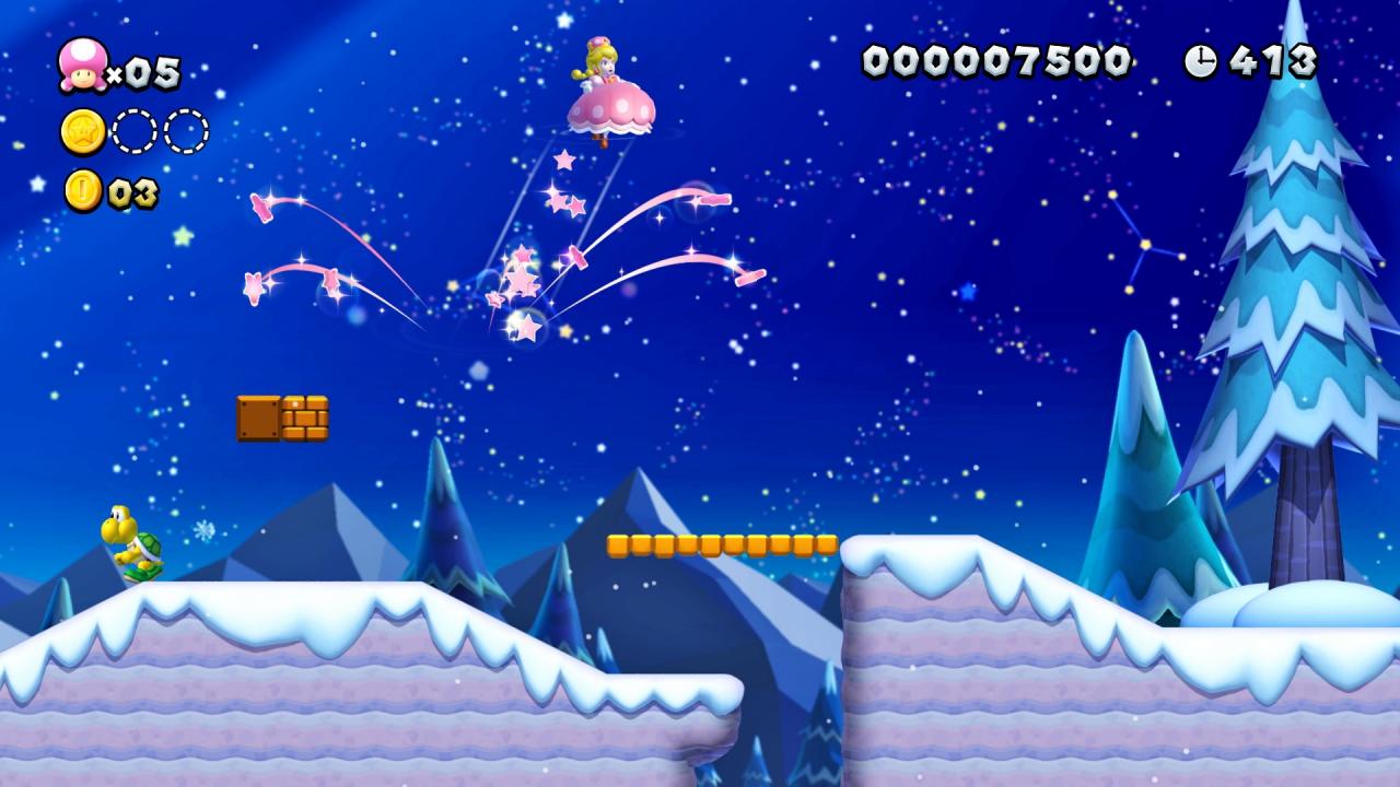 [24/09/2018] Klaubt Toadette eine Superkrone auf, verwandelt sie sich in Peachette und verfügt sodann über das Moveset von Peach mit Doppelsprüngen und Schweben.