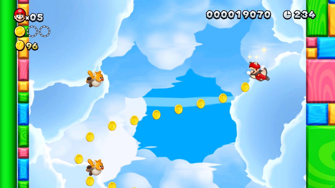 [24/09/2018] Typisch für ein zweidimensionales Mario-Spiel erleichtern euch verschiedene Verwandlungen das Meistern der Levels, Besiegen der Gegner und Sammeln der Münzen.
