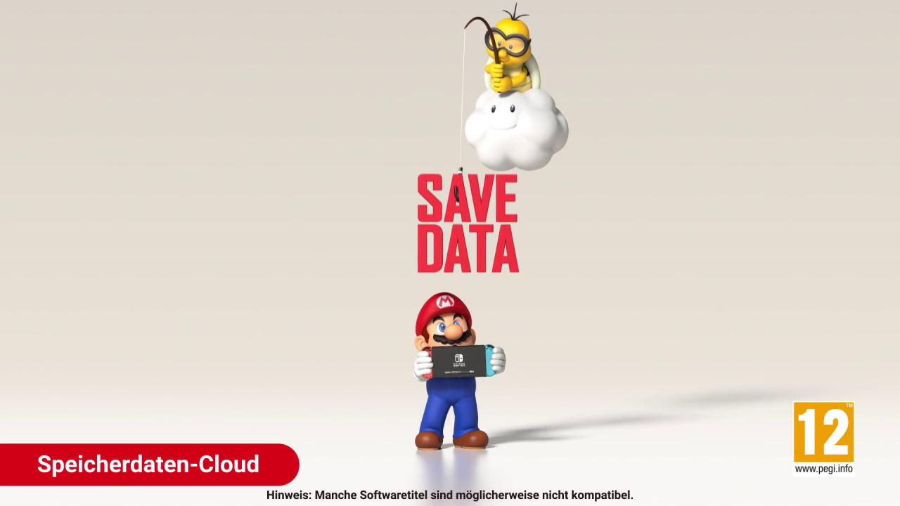 Mario und Lakitu auf weißem Grund, dazwischen ein Schriftzug