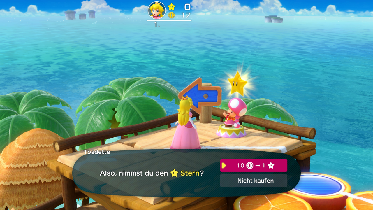 Für zehn Münzen verkauft euch Toadette im klassischen Brettspiel-Modus einen der begehrten Sterne. Danach wechselt sie ihre Position in der Spielwelt.
